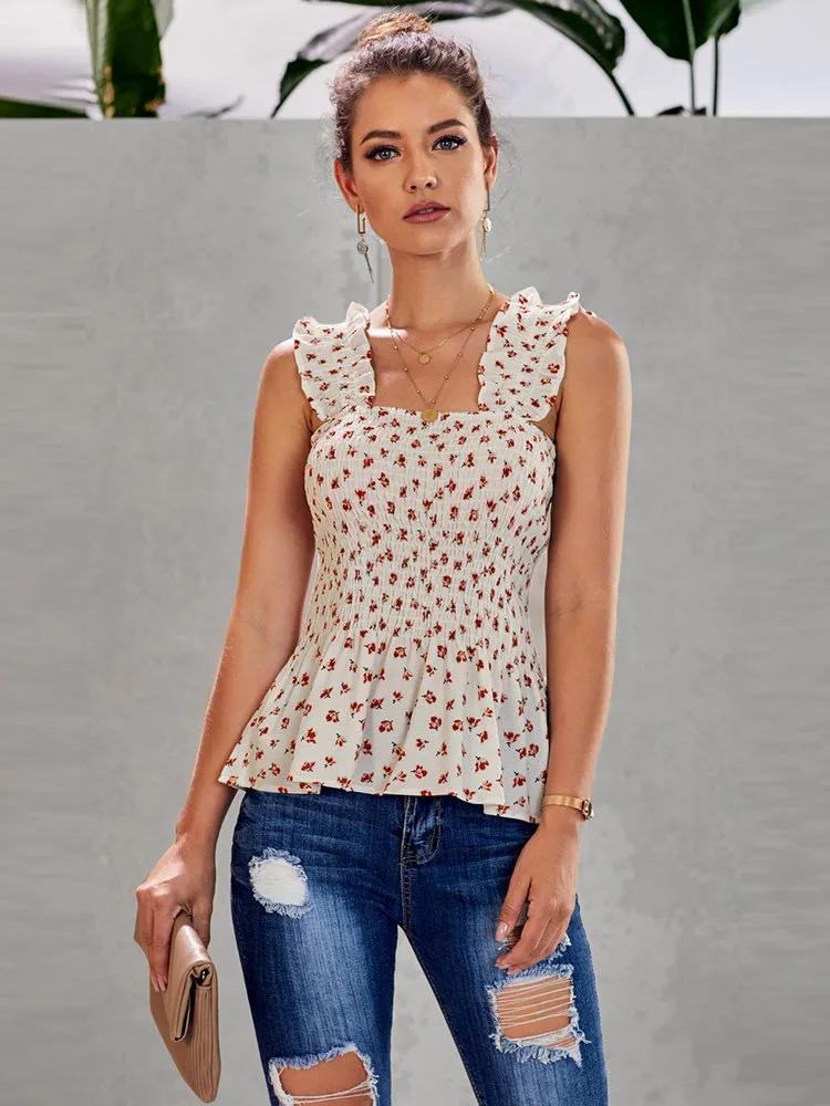 Swiss Flower Cutout Drawstring Ruffled Blouse