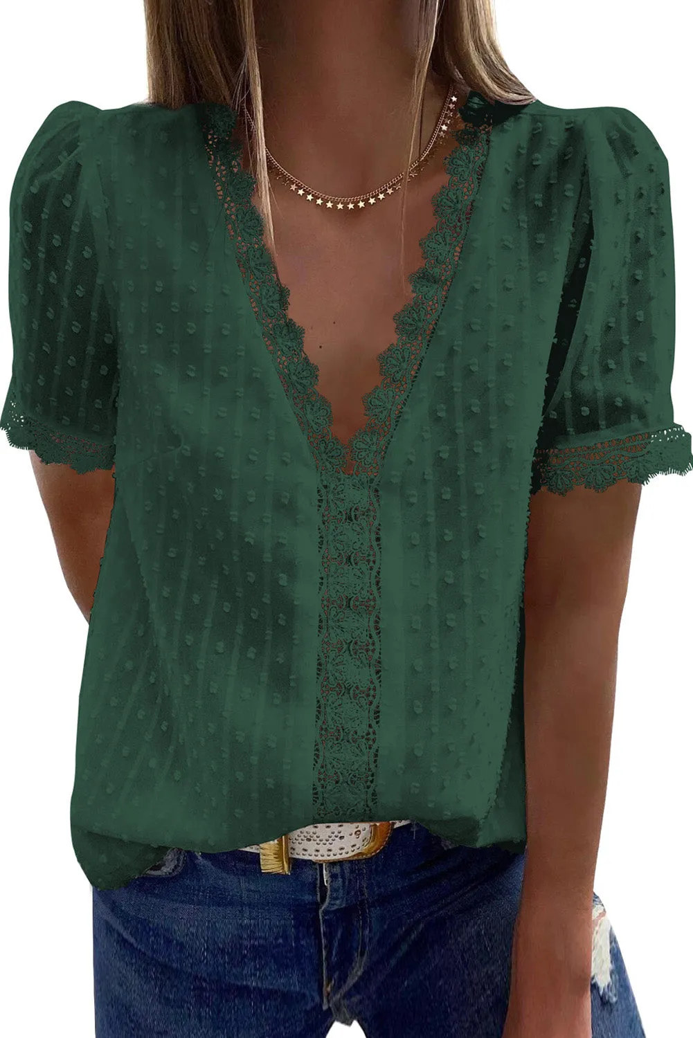 V-Neck Swiss Dot Short Sleeve Crochet Lace Blouse