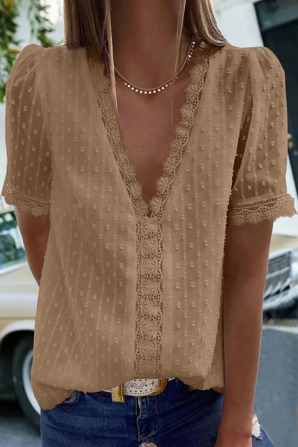 V-Neck Swiss Dot Short Sleeve Crochet Lace Blouse