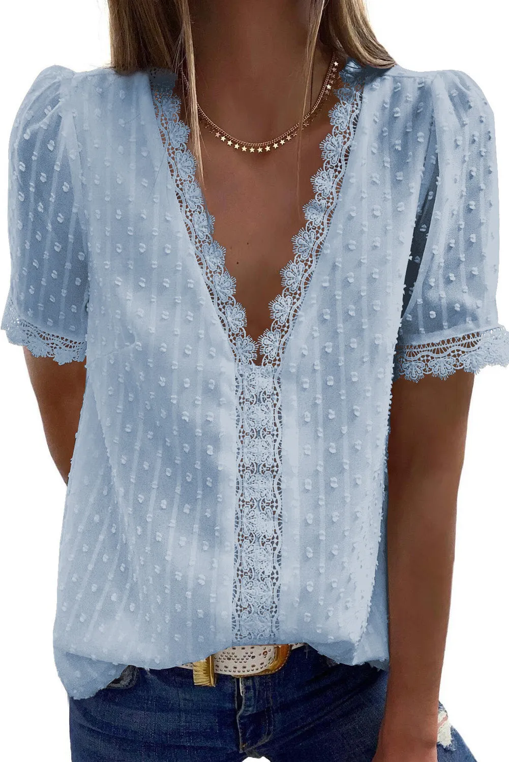 V-Neck Swiss Dot Short Sleeve Crochet Lace Blouse