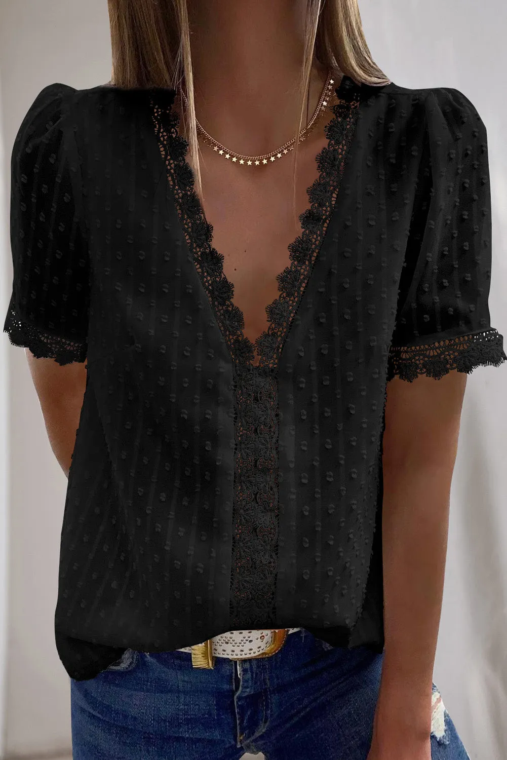 V-Neck Swiss Dot Short Sleeve Crochet Lace Blouse