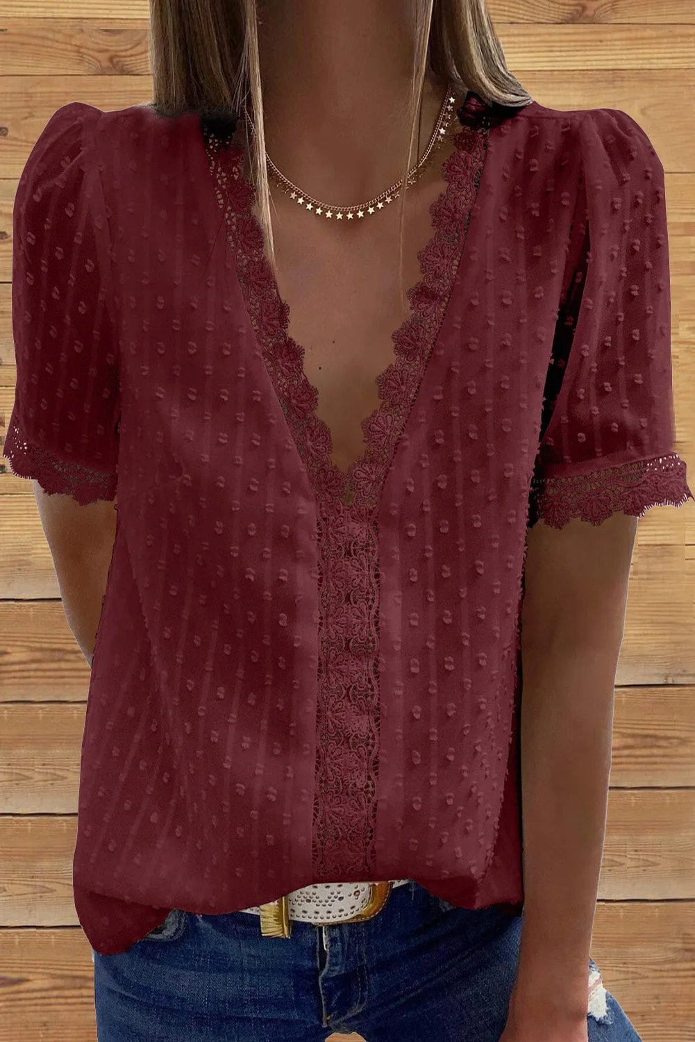 V-Neck Swiss Dot Short Sleeve Crochet Lace Blouse