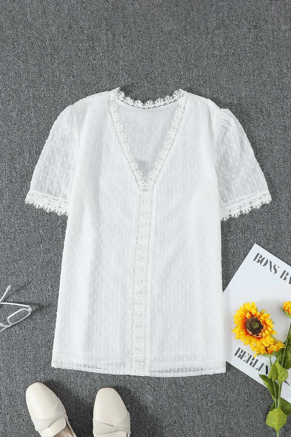 V-Neck Swiss Dot Short Sleeve Crochet Lace Blouse