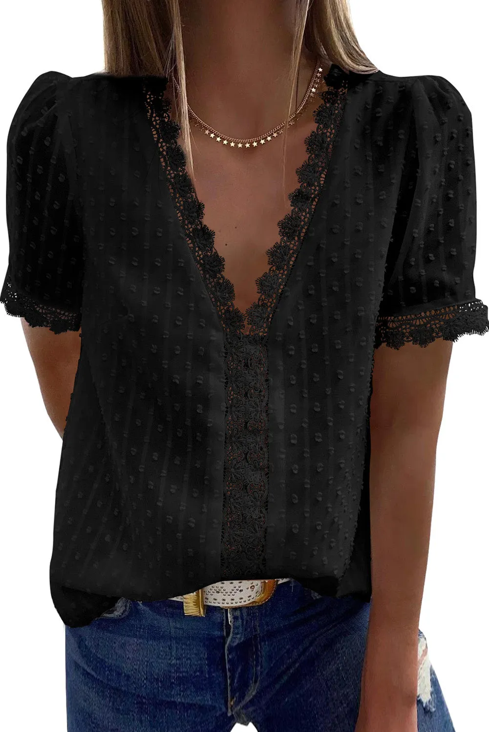 V-Neck Swiss Dot Short Sleeve Crochet Lace Blouse