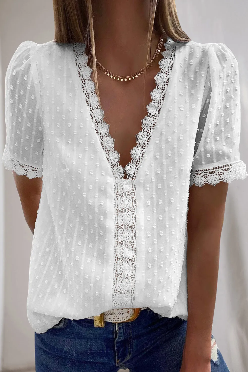 V-Neck Swiss Dot Short Sleeve Crochet Lace Blouse