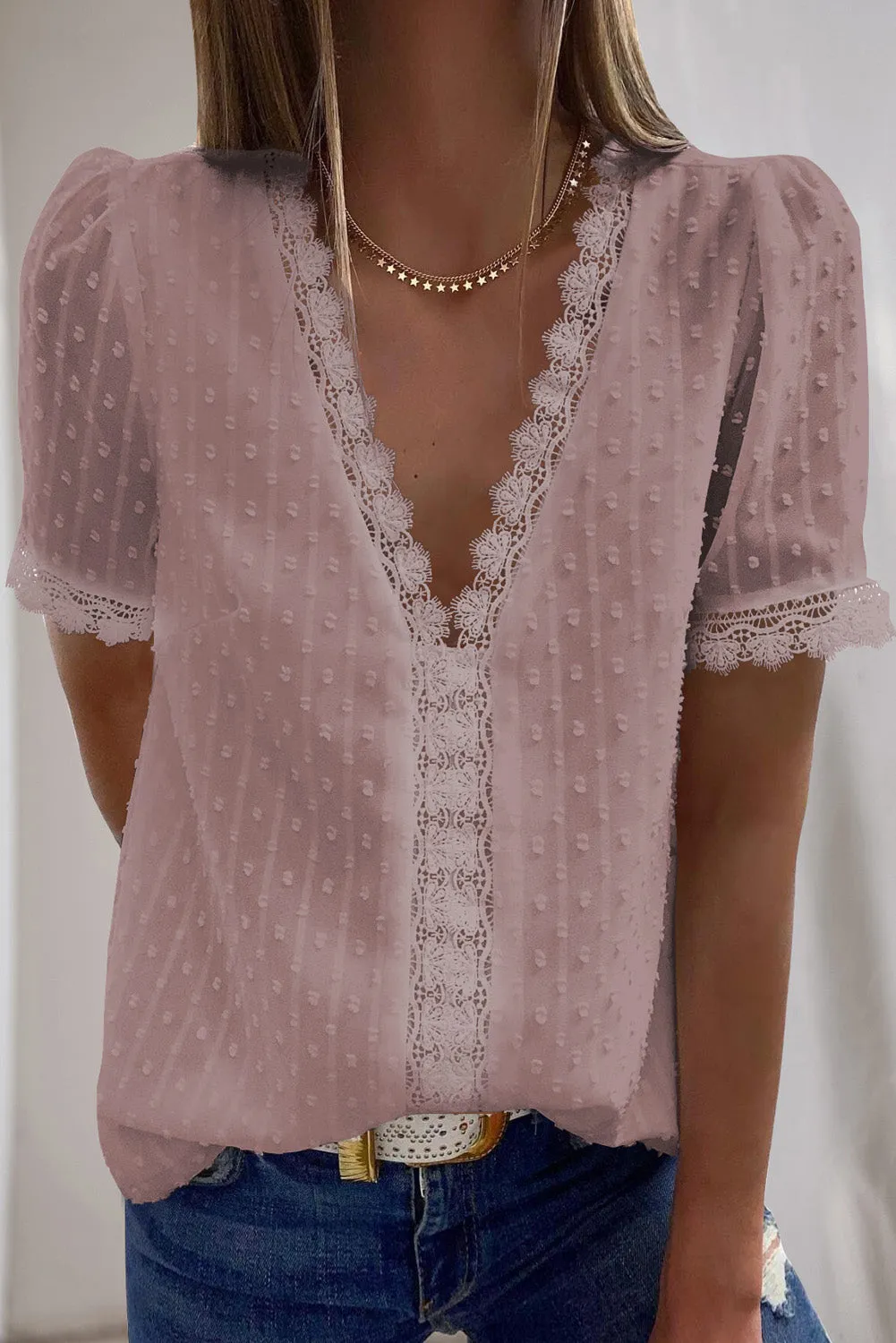 V-Neck Swiss Dot Short Sleeve Crochet Lace Blouse