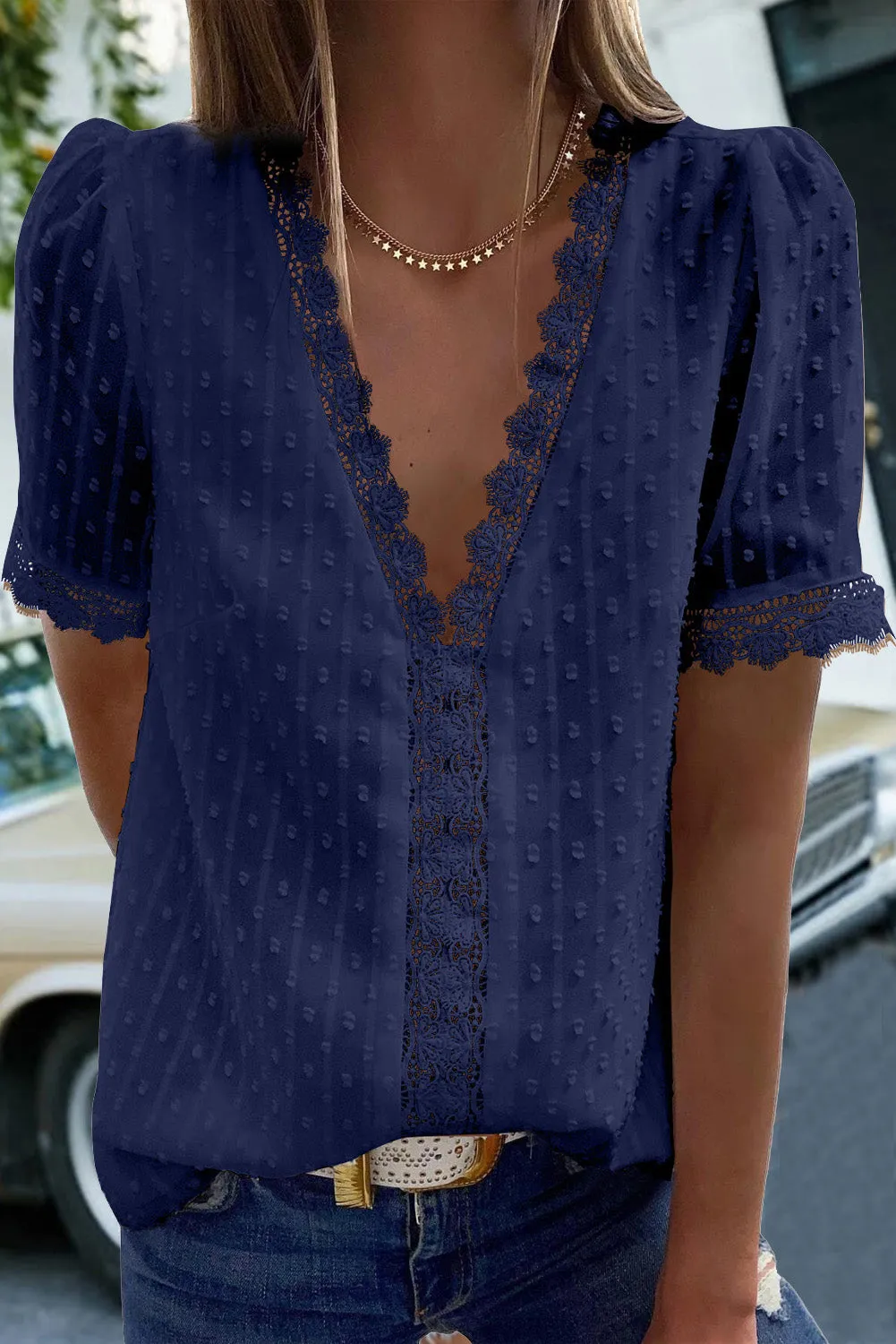 V-Neck Swiss Dot Short Sleeve Crochet Lace Blouse