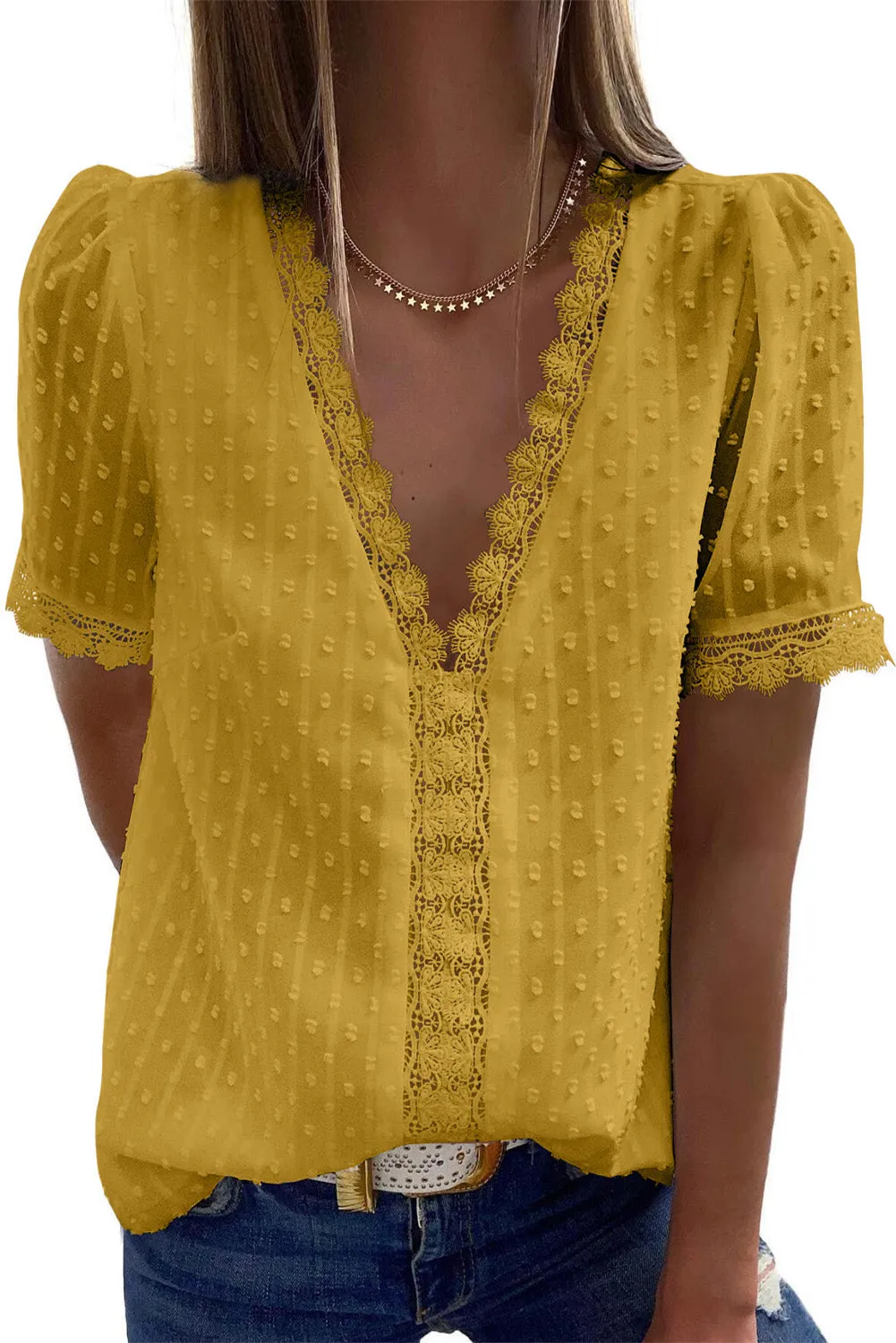 V-Neck Swiss Dot Short Sleeve Crochet Lace Blouse