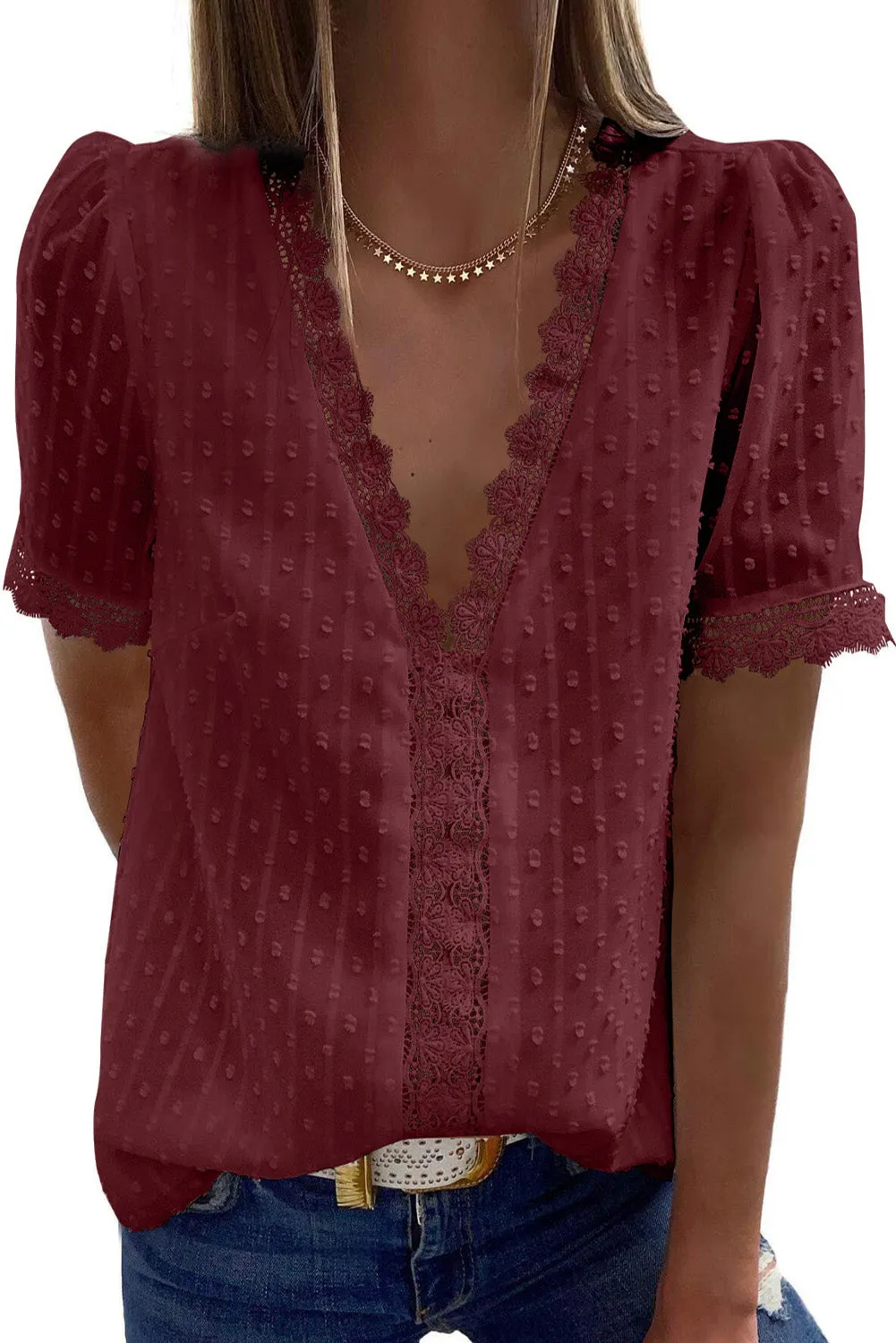 V-Neck Swiss Dot Short Sleeve Crochet Lace Blouse