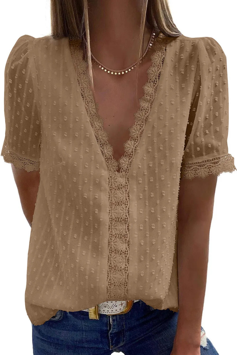 V-Neck Swiss Dot Short Sleeve Crochet Lace Blouse