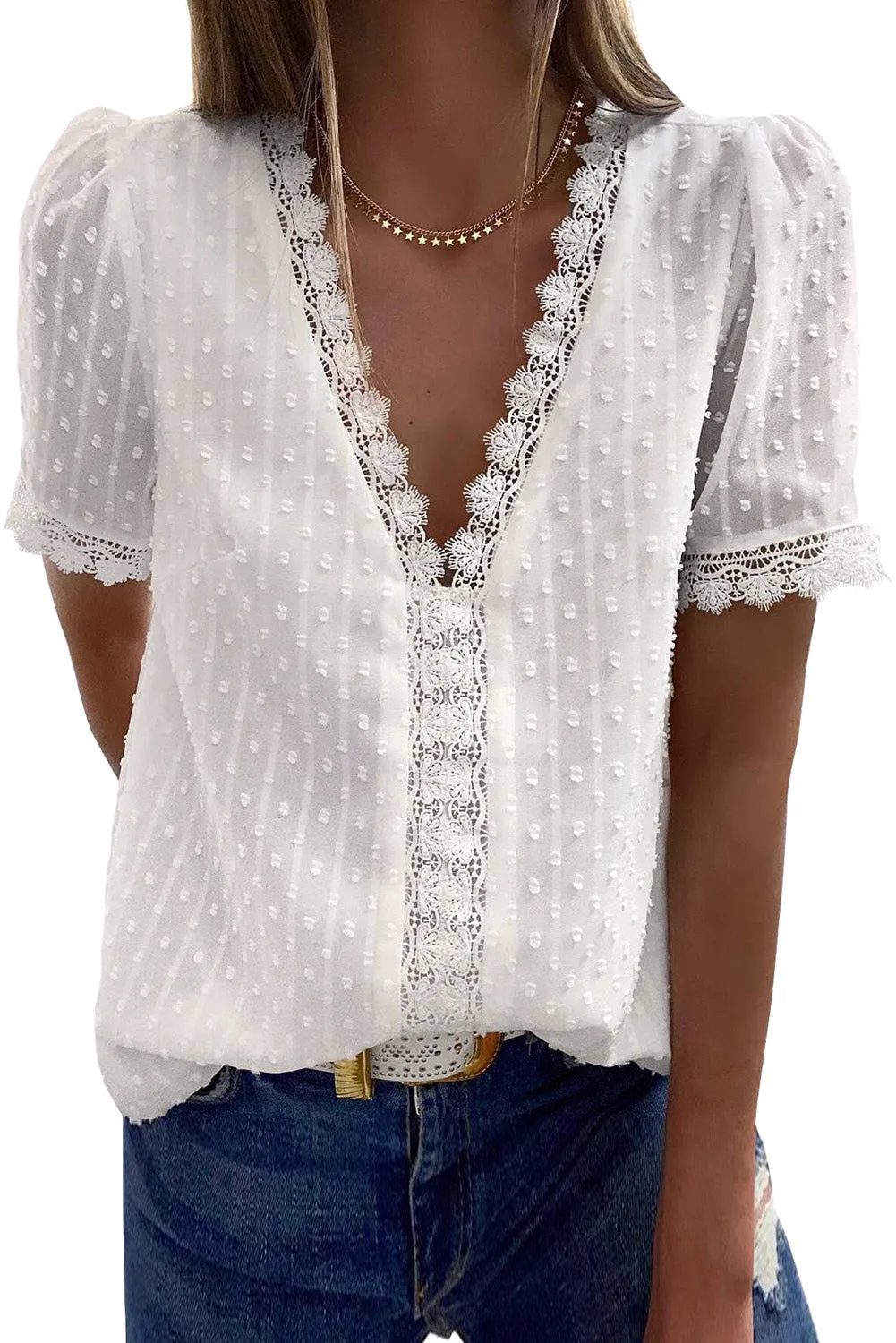 V-Neck Swiss Dot Short Sleeve Crochet Lace Blouse