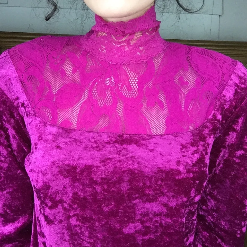 Vintage | Victorian Edwardian Romantic Steampunk High Collar Velvet Blouse | M