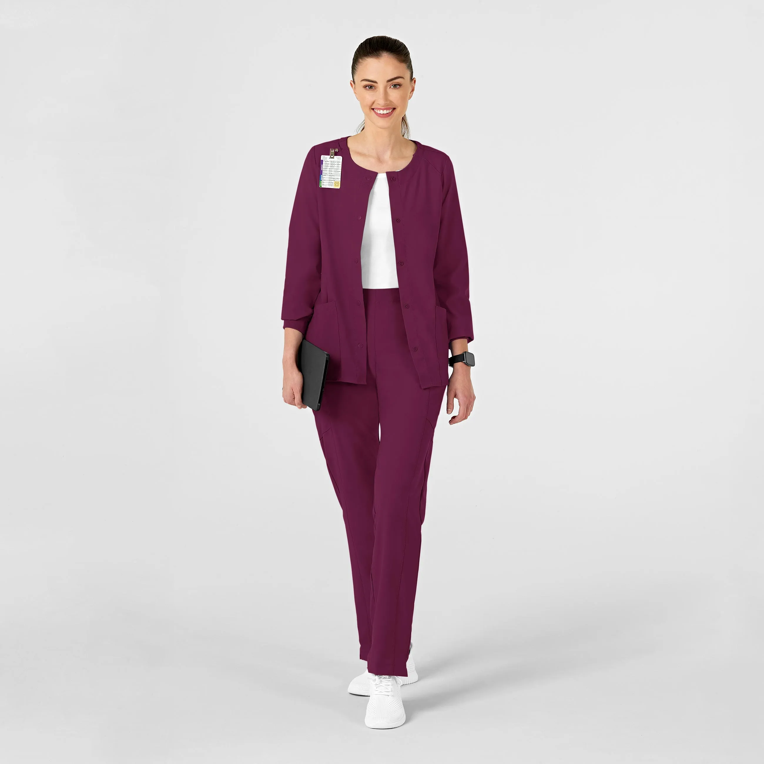 W123 Women's Crew Neck Warm Up Scrub Jacket - Wine