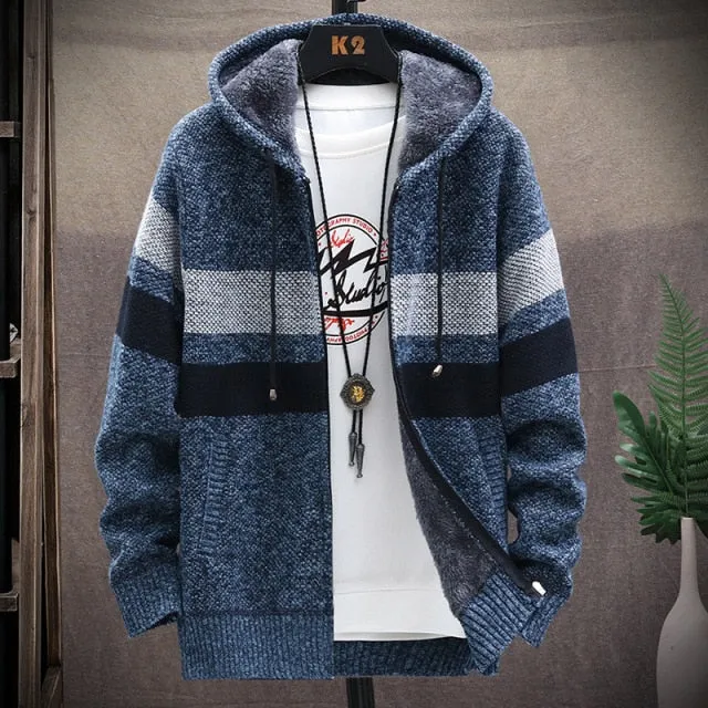 Winter Mens Jacket : Warm Coat Knitted Sweater Fleece Hooded