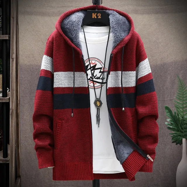 Winter Mens Jacket : Warm Coat Knitted Sweater Fleece Hooded