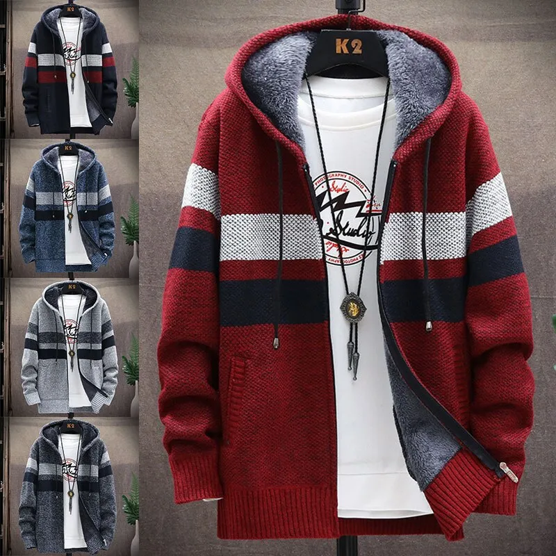 Winter Mens Jacket : Warm Coat Knitted Sweater Fleece Hooded