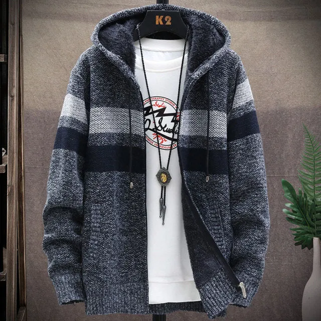 Winter Mens Jacket : Warm Coat Knitted Sweater Fleece Hooded