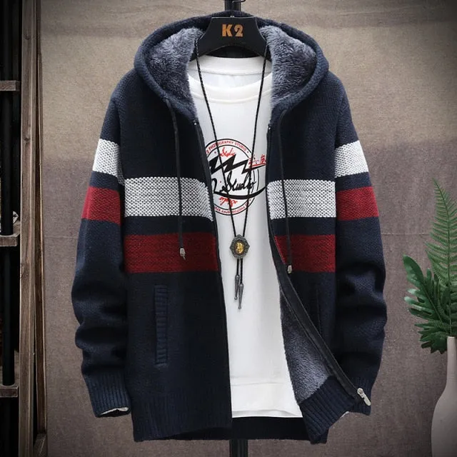 Winter Mens Jacket : Warm Coat Knitted Sweater Fleece Hooded