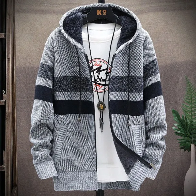 Winter Mens Jacket : Warm Coat Knitted Sweater Fleece Hooded