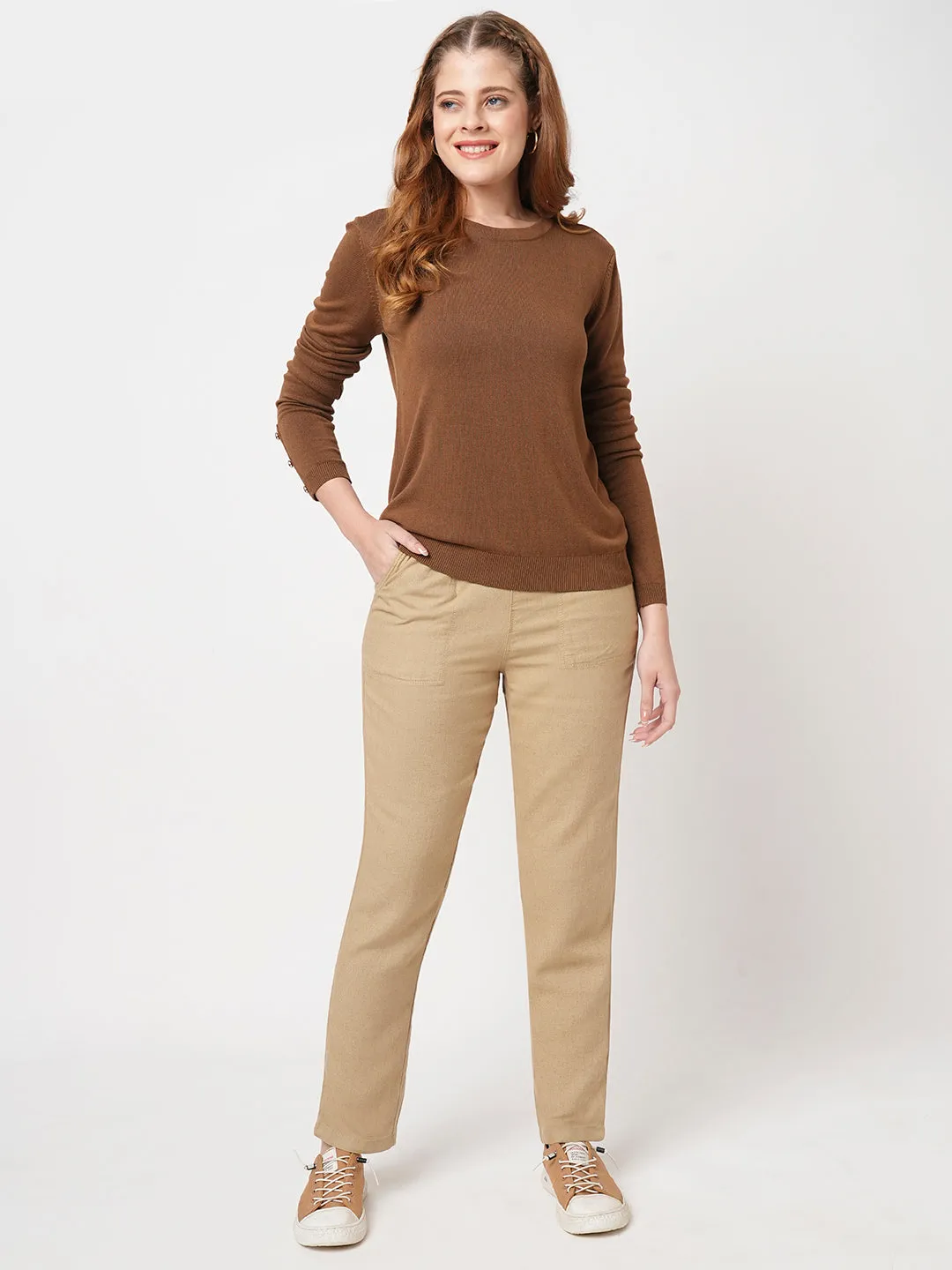 Women Light Brown High-Rise Paper Bag Pants