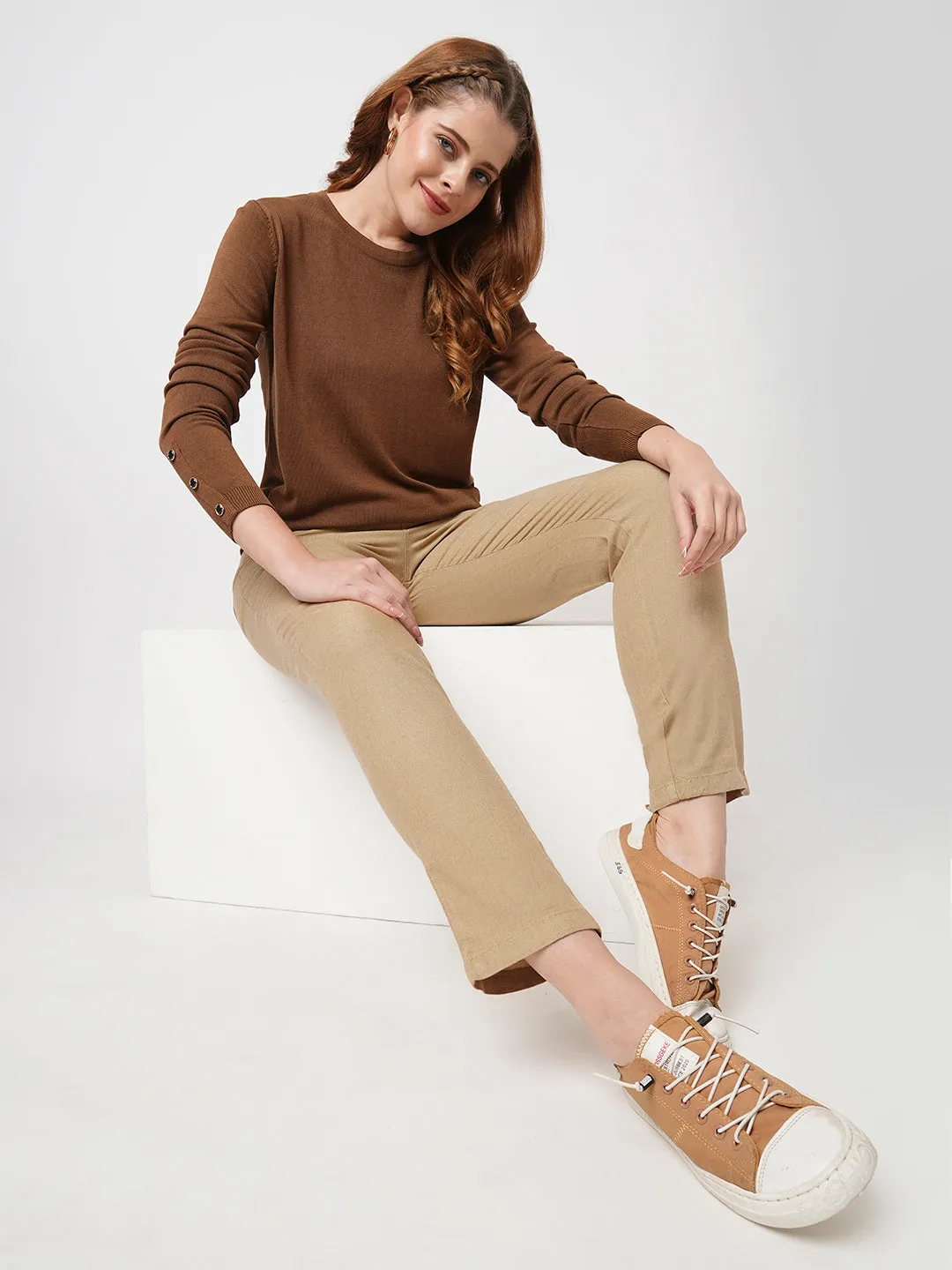 Women Light Brown High-Rise Paper Bag Pants