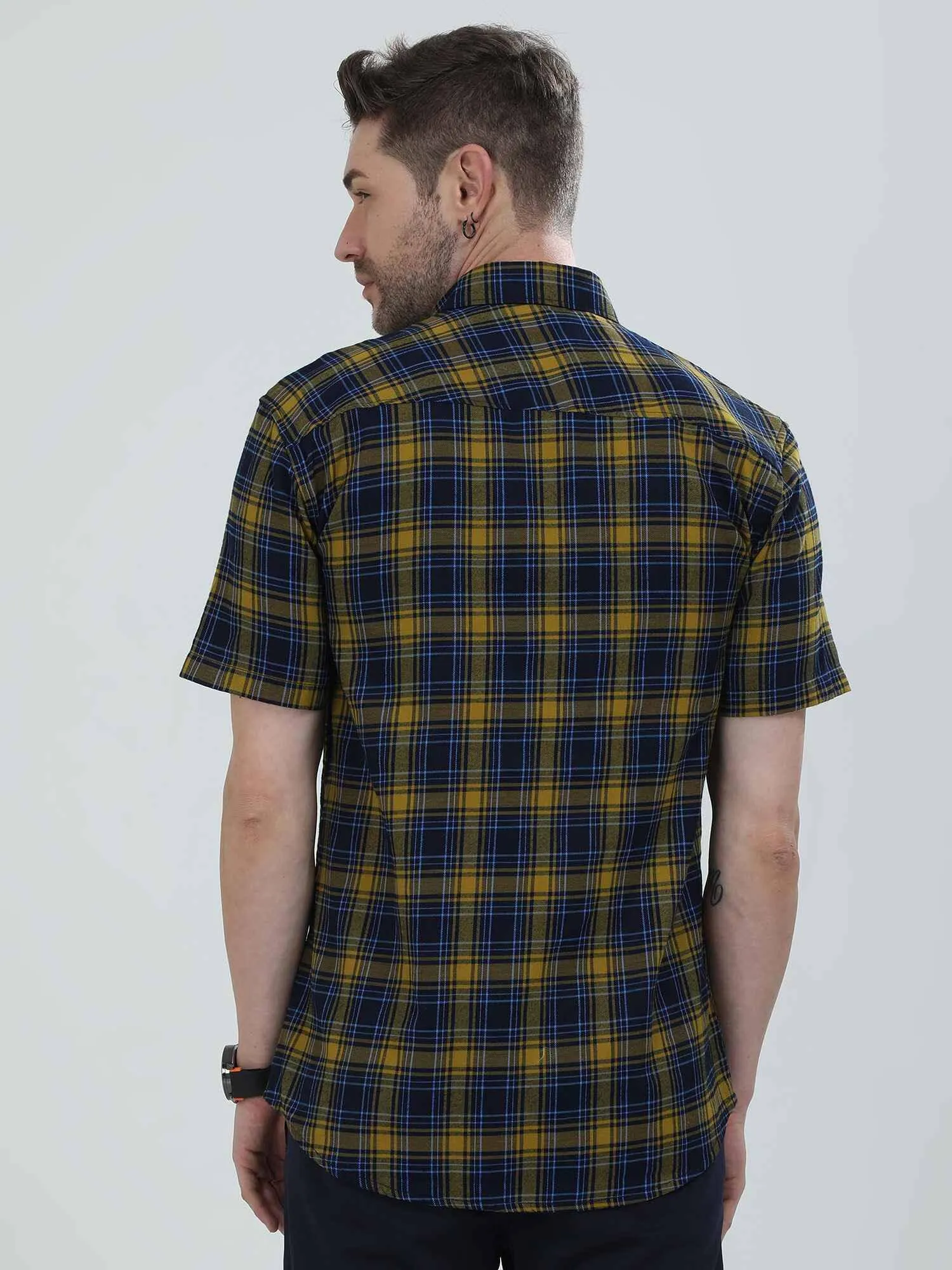 Yellow and Navy Blue Checkered Shirt