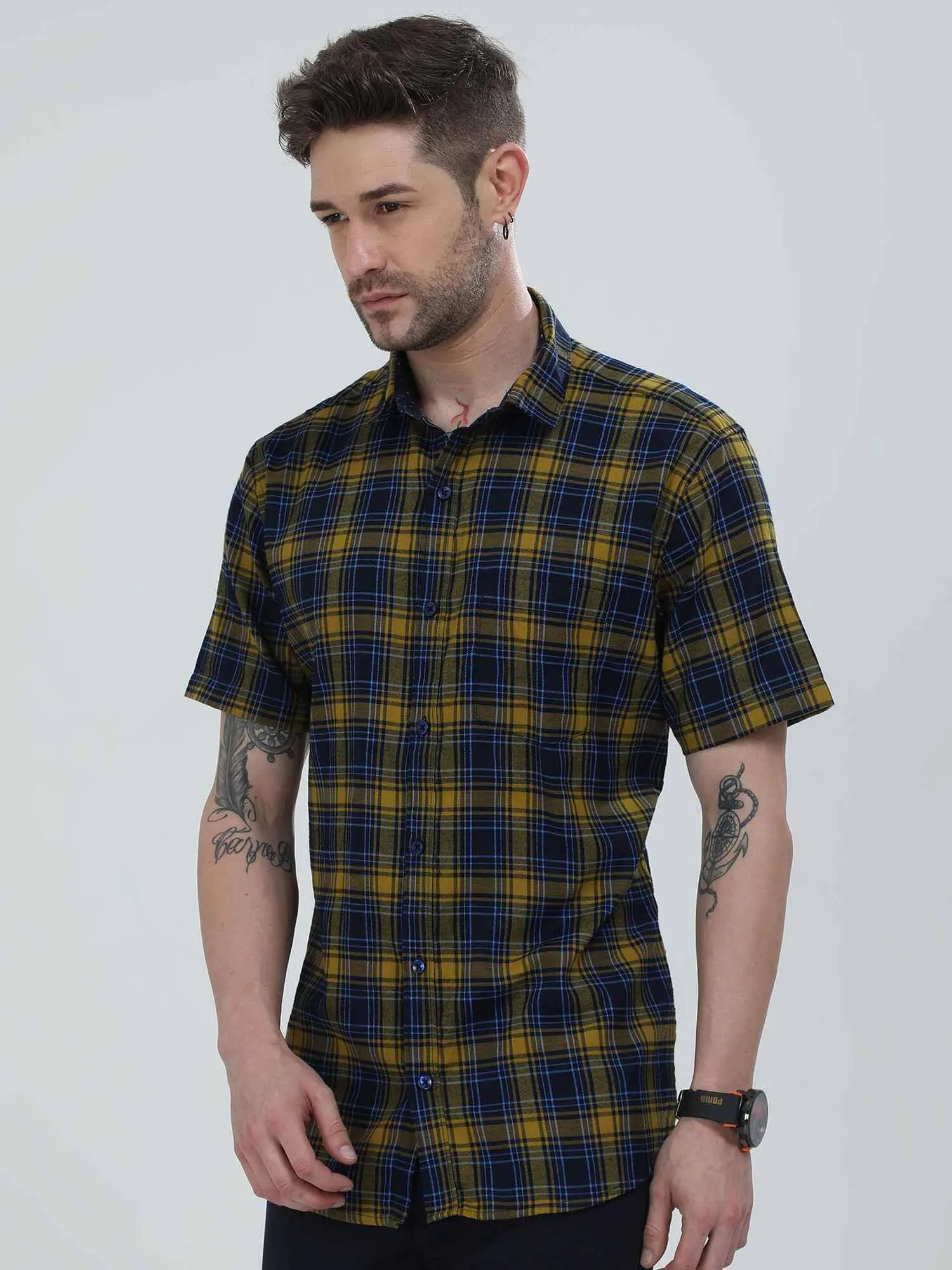 Yellow and Navy Blue Checkered Shirt